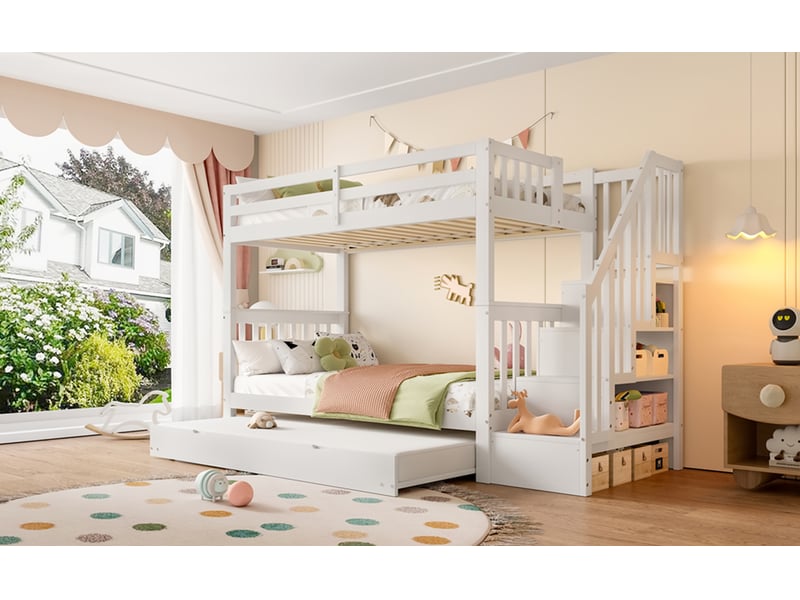  Lit superposé enfant 90×200 cm avec lit gigogne, étagères d’escalier et barrières - okmyhome- blanc, sans matelas  - Conforama E