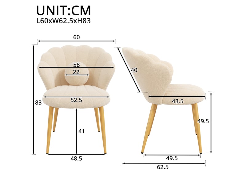 Lot de 4 chaises de salle à manger coquille en tissu teddy beige, pieds dorés - Conforama E