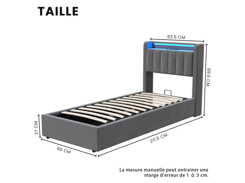 Lit coffre 90x190 cm velours gris foncé, tête de lit à ailes avec rangement, poches latérales, led, usb, ouverture hydraulique - Conforama C