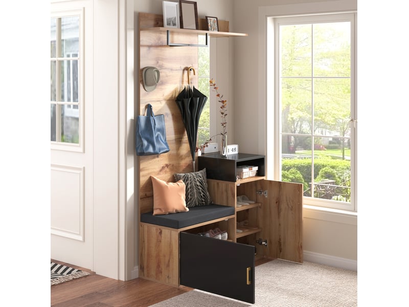  Meuble d'entrée avec miroir, banc à chaussures, 4 crochets, tringle, rangements en mdf noir et bois 105 × 40 × 191,5 cm  - Conforama C