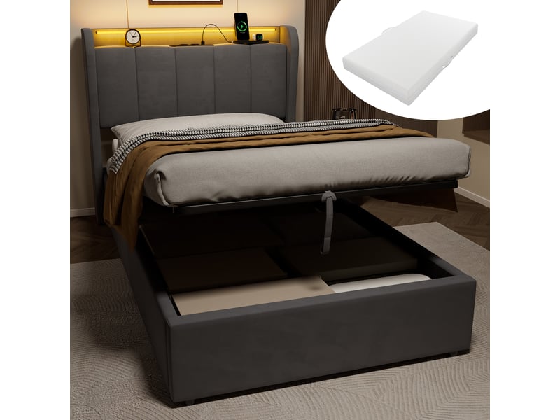  Lit rembourré 90 × 200 cm 1 place avec matelas et veilleuse, lit pour enfant avec prise électrique et coffre de rangement, grand espace de rangement, gris foncé  - Conforama B