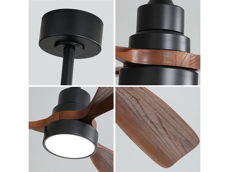 Ventilateur de plafond 132 cm avec led dimmable, moteur dc réversible, télécommande, métalbois noir  - Conforama E