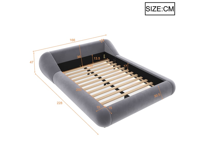  Lit 2 places 140x200 cm en velours avec tête de lit enveloppante, cadre flottant led, design arrondi moderne gris  - Conforama C