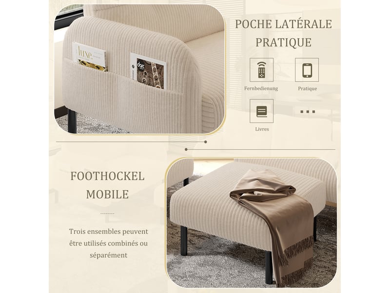  Ensemble de canapés 2 places avec fauteuil et repose-pieds, pochette latérale, dossier, pour le salon, velours, beige  - Conforama E