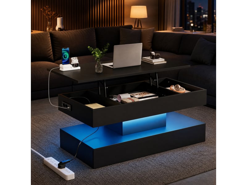  Table basse 100x50x42 cm relevable avec led bluetooth et rangement caché, noire  - Conforama D