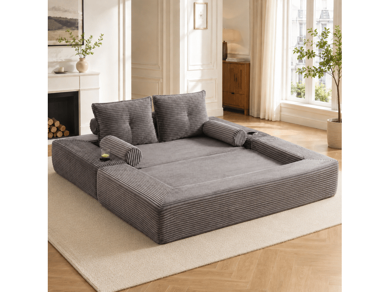 Canapé droit convertible 2 places en velours côtelé gris foncé, poches et porte-gobelet, confort durable - Conforama B