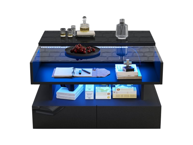  Table basse réglable 80x80 cm avec rangements cachés, 2 tiroirs, éclairage led et verre trempé noir brillant  - Conforama A