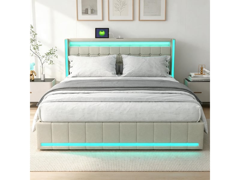  Cadre de lit rembourré beige 140×200 cm avec éclairage led et ports usb, lit double avec 4 tiroirs de rangement, lit plateforme moderne en tissu (matelas non inclus) 231115TT0504#ADHWyzBSz0FRHF - Conforama E