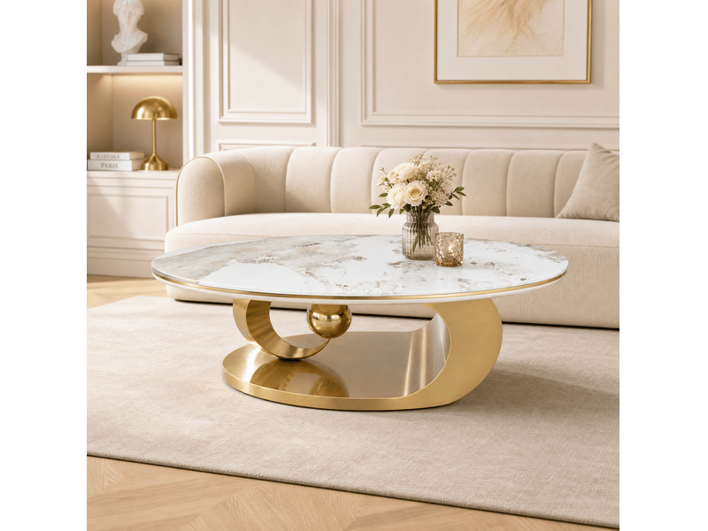  Table basse ovale 120 cm effet marbre blanc, piètement doré evryae  - Conforama C
