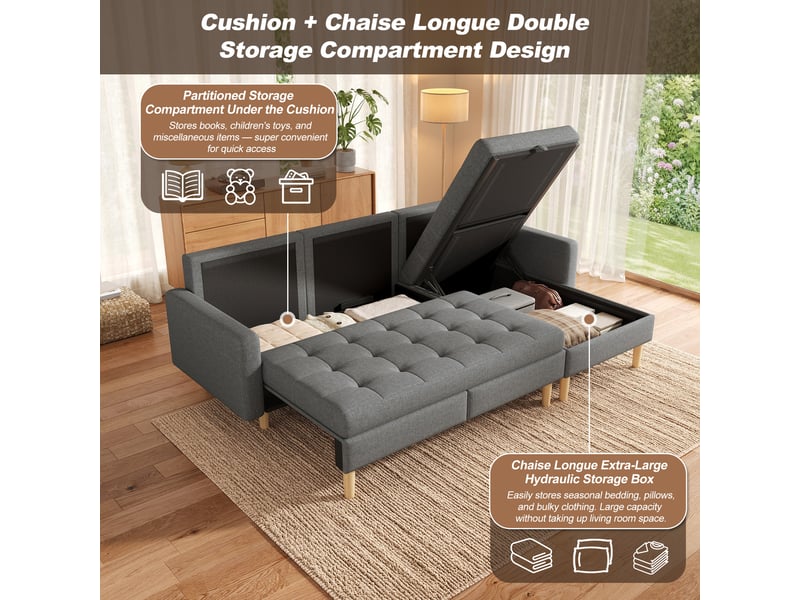 Canapé d'angle réversible 3 places, canapé en tissu non tissé gris, avec double coffre de rangement pour petit salon, 212x130x86 cm - Conforama E