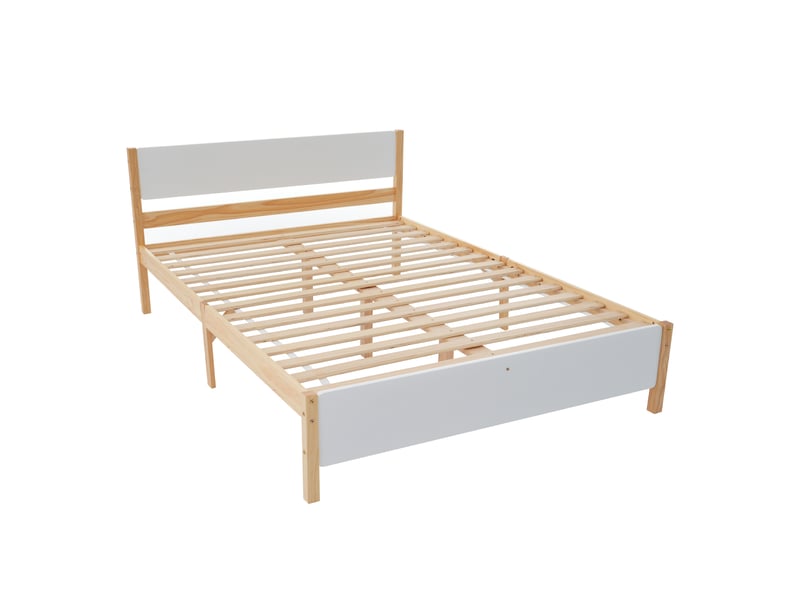  Lit double en bois 140x200 cm, cadre en pin avec pied central, lit enfant, lit adulte avec tête et pied de lit en mdf, blanc+naturel  - Conforama W