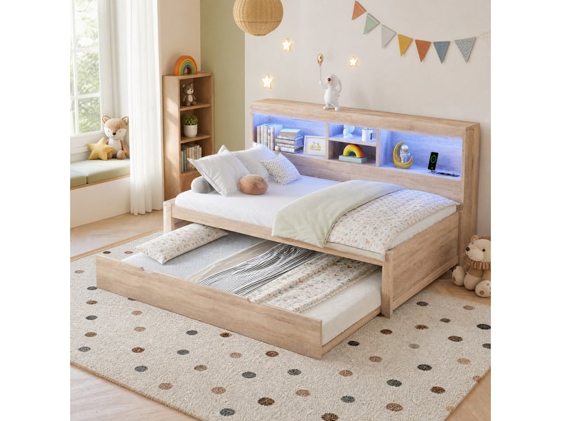 Lit gigogne 2 places 90x200 cm et 90x190 cm avec led, prises, usb et rangements, sans matelas, blanc et naturel - Conforama C