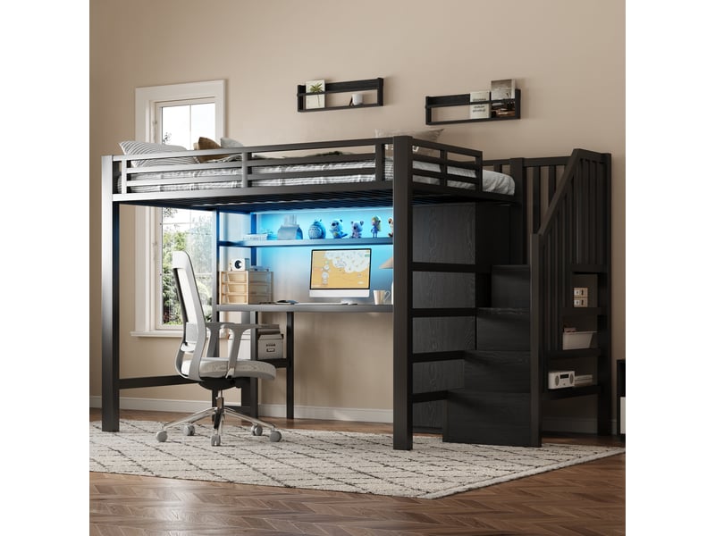  Lit surélevé en métal 140x200 cm, bureau, rangements, penderie et escalier de stockage, noir avec led  - Conforama C