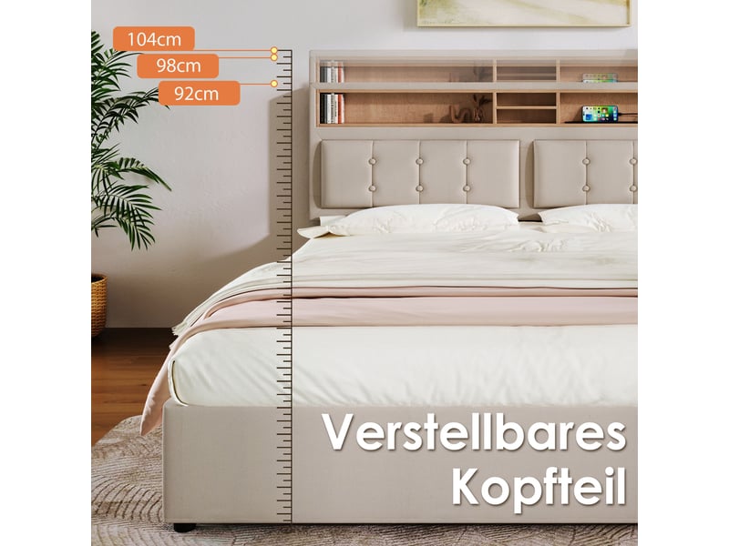  Lit coffre hydraulique 160x200 cm rembourré avec tête de lit rangement-usb et type-c-sommier à lattes en lin  - Conforama E