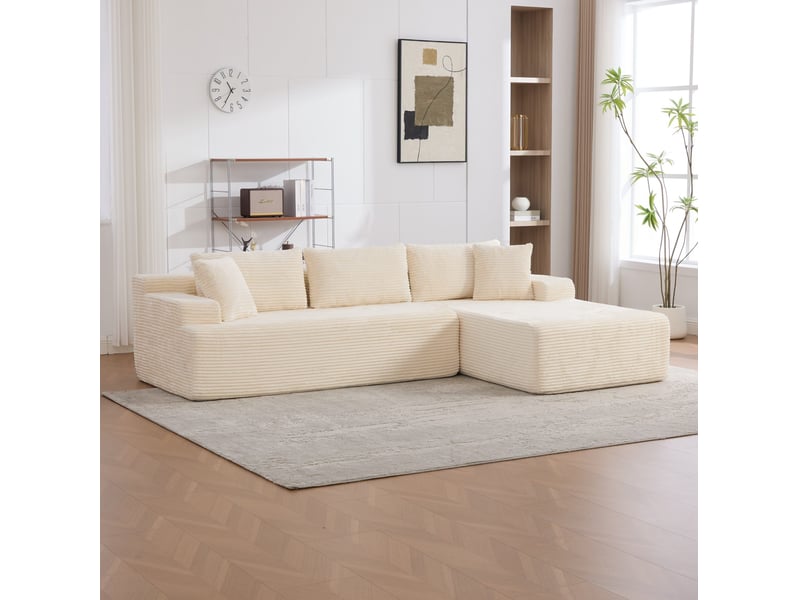  Canapé d'angle modulable 4 places en chenille ivoire avec chaise longue  - Conforama B