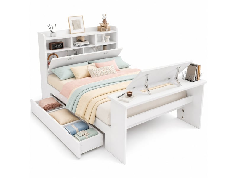 Lit 140x200 cm avec rangement, étagères de tête, tiroir et table inclinable blanc - Conforama A