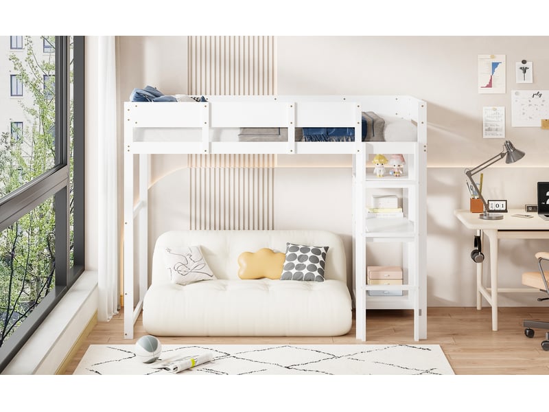  Lit mezzanine 90x200 cm en pin massif blanc - sommier à lattes, étagère - lit enfant ado  - Conforama D