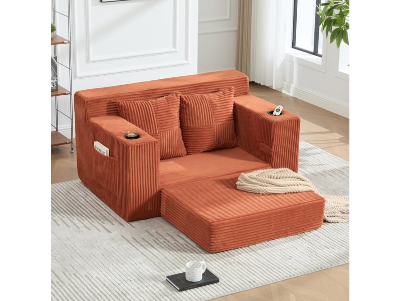  Canapé convertible 2 places en velours côtelé orange 151 x 133 cm homvra  - Conforama C