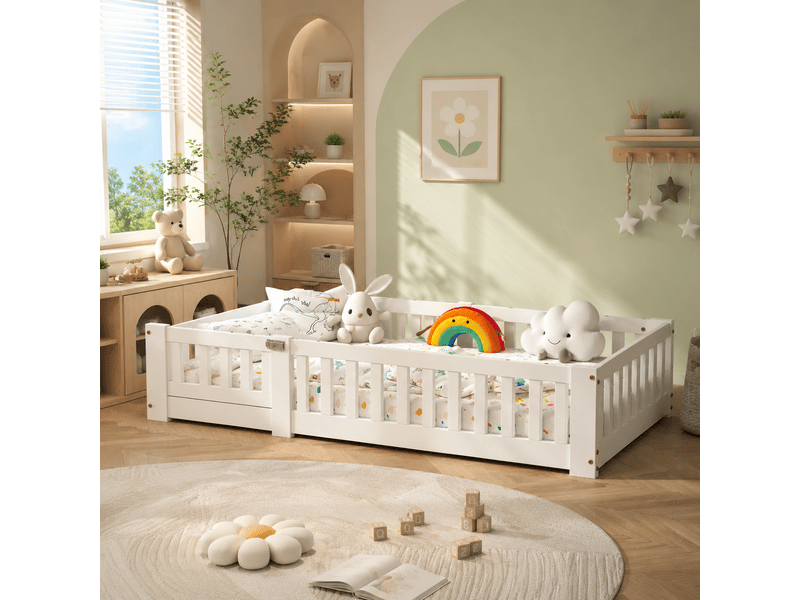  Lit enfant 90x190 cm, lit au sol avec barrière de sécurité et sommier à lattes, lits montessori pour garçons et filles, charge jusqu’à 100 kg, blanc  - Conforama B