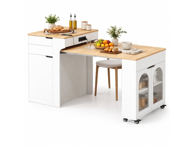  Desserte de cuisine extensible 80x55x93 cm, de couleur blanche, avec roulettes, portes en verre et prises, en mdf  - Conforama A