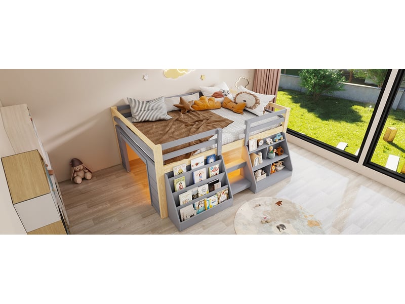  Lit superposé mi haut 140x200 cm gris et bois clair pin mdf rangement led échelle barrière sans matelas Sol Morn - Conforama E