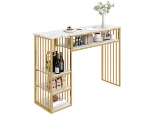 Table de salle à manger avec 3 étagères de rangement, finition marbre, en mdf et métal, blanc et doré, 140 × 40 × 105 cm