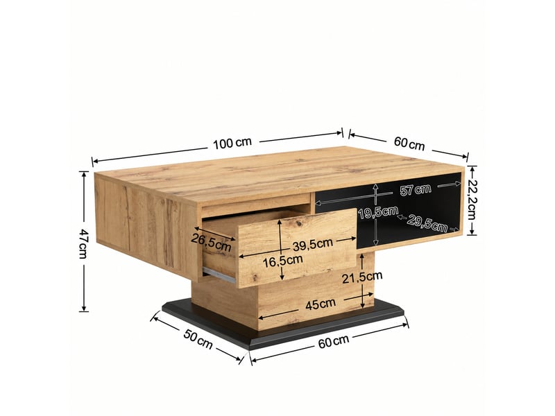  Table basse avec tiroir sans poignée et rangement ouvert, décor chêne et anthracite, 100 x 60 x 47 cm  - Conforama C