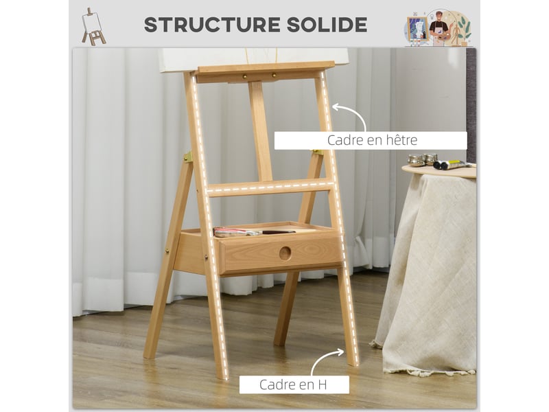  Chevalet en bois sur pied chevalet d'artiste avec tiroir intégré hauteur jusqu'à réglable 92 cm coloris naturel  - Conforama E