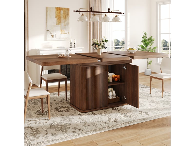 Table à manger extensible 140180 cm pour 6-8 personnes, avec rangement caché intégré, plateau rabattable, pied design rainuré vertical, effet bois noyer - marron - Conforama E