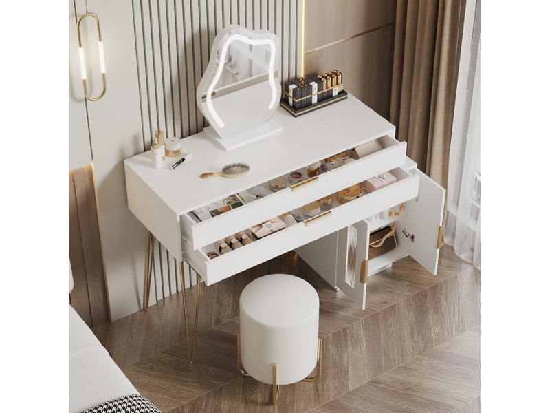  Coiffeuse avec miroir led à 3 modes, 2 grands tiroirs et caisson coulissant, pour chambre, blanc, 100 × 40 × 78 cm  - Conforama C