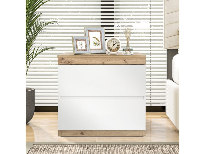  Table de chevet avec 2 tiroirs de rangement pour chambre en panneaux de particules blanc et chêne  - Conforama C