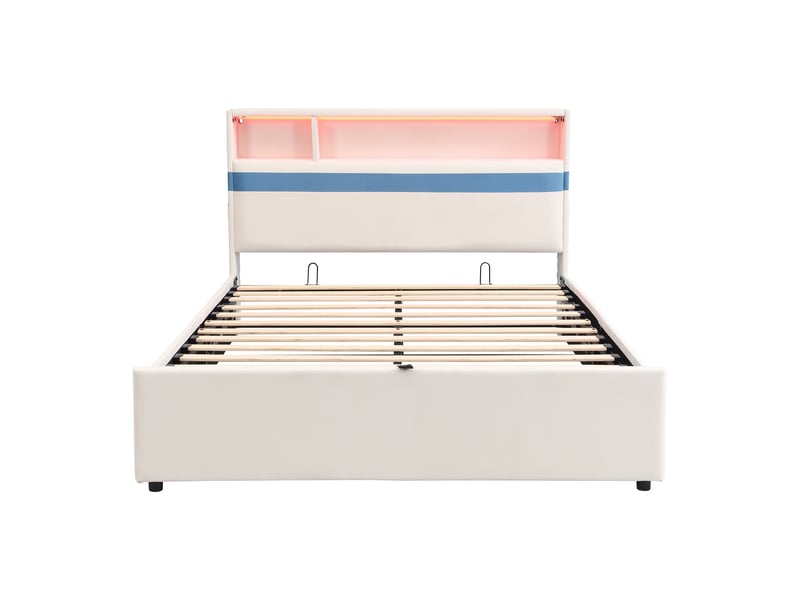  Lit double coffre 140x200 cm blanc et bleu, velours, led, usb, rangement hydraulique  - Conforama A