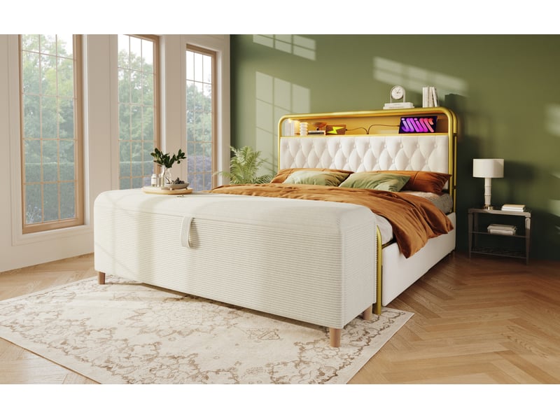  Banc coffre tcqpz 175 x 38 x 46 cm rangement hydraulique en velours côtelé beige  - Conforama B