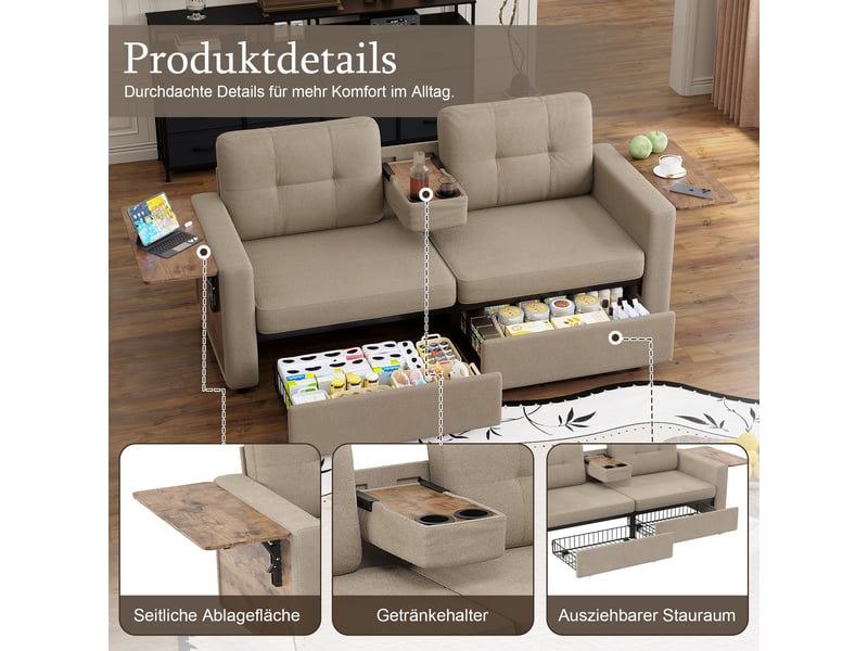  Canapé 2 places en chenille avec rangement intégré, table d’appoint réglable et porte-gobelets - kaki  - Conforama D