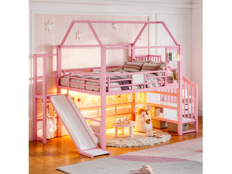  Lit mezzanine enfant rose en métal, forme maison, avec toboggan, escalier, rangements, led bluetooth, 140 x 200 cm  - Conforama B