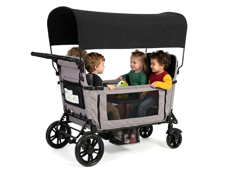  Chariot enfant pliable gris clair 4 places avec siège convertible en lit, toit pare-soleil, plateau, roues pu tout-terrain  - Conforama A
