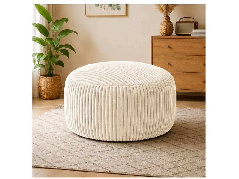  Fauteuil pouf rond avec garnissage en mousse à mémoire de forme pour salon et chambre en velours côtelé blanc  - Conforama B