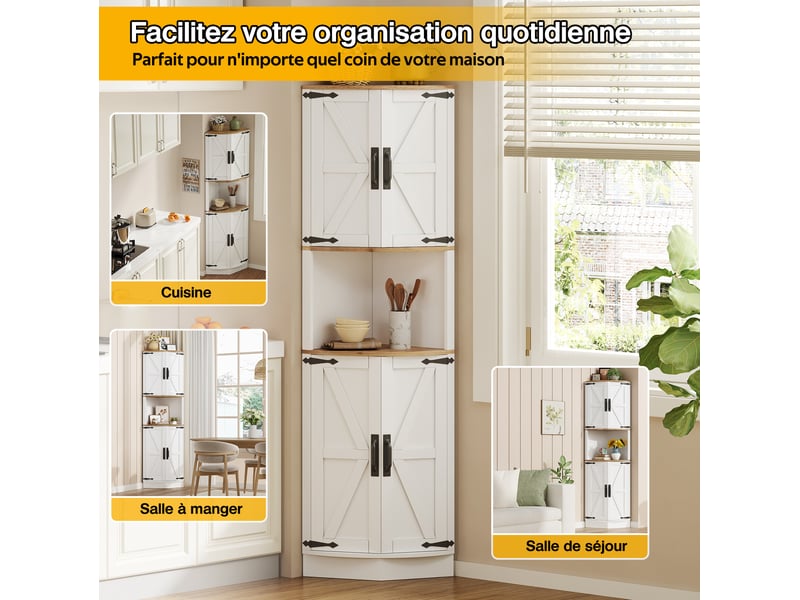  Meuble d'angle avec 2 portes et 5 espaces de rangement pour cuisine ou salon, mdf blanc, 39,5 × 39,5 × 180 cm  - Conforama E