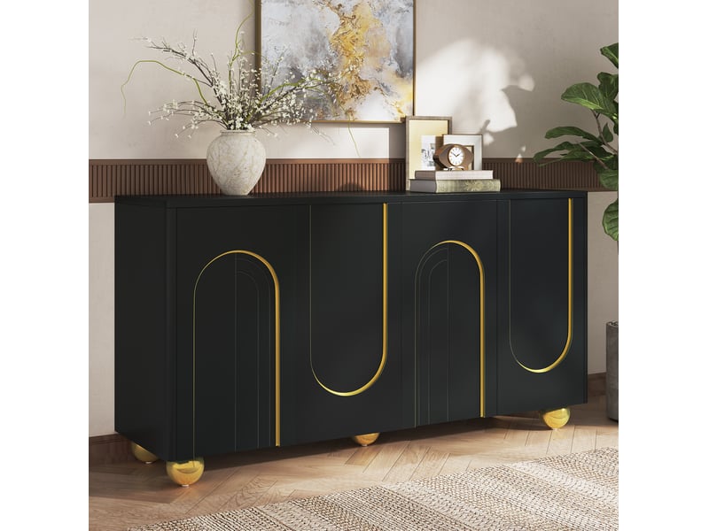 Buffet 4 portes 140 x 40 x 74 cm noir, décor arcs dorés et pieds en métal - Conforama E