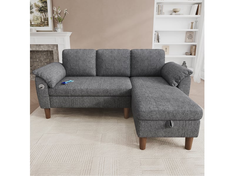  Canapé d'angle 3 places modenvie avec méridienne réversible, rangement, ports usb et type-c, tissu chenille gris clair 181 x 125 x 88 cm  - Conforama E