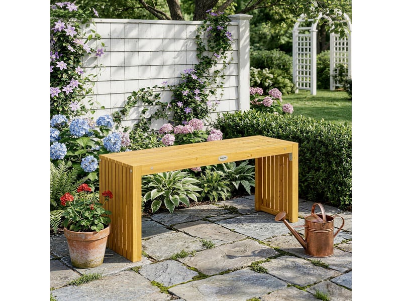 Banc de jardin en bois d'acacia sans dossier 2 places, assise à lattes effet bois, 110x30x45cm, bois naturel - Conforama C