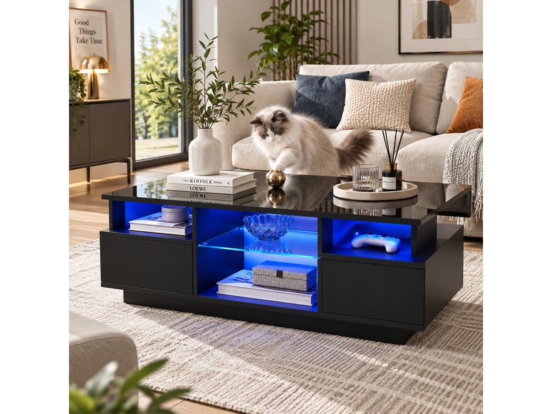  Table basse led noire brillante avec 2 tiroirs, niches ouvertes et étagères en verre, 100x50x36 cm  - Conforama E