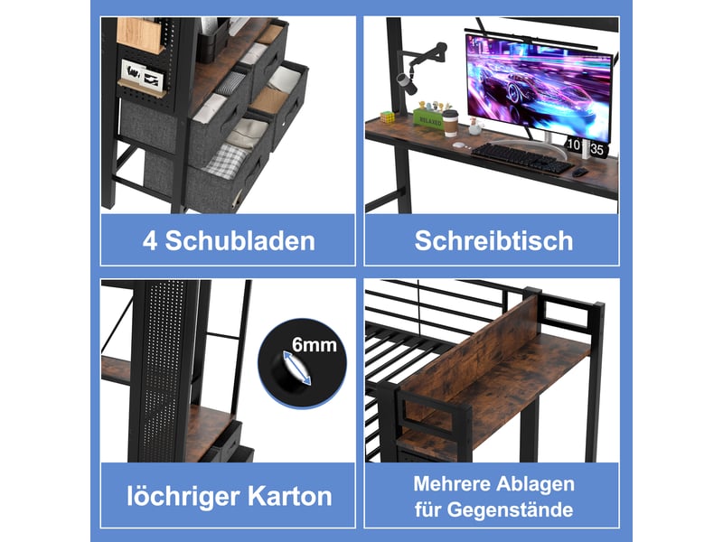  Lit mezzanine 90 x 200cm, structure métal, bureau, 4 tiroirs, étagères, led, usb type-c, sans matelas, noir  - Conforama D