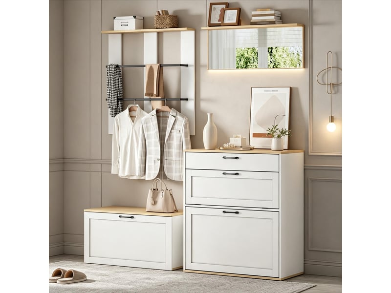 Meuble d’entrée modulable blanc et bois, vestiaire avec banc à chaussures, miroir et penderie, 156 x 36 x 176 cm - Conforama D
