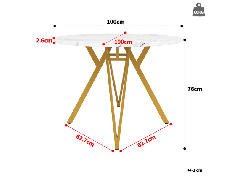  Table à manger ronde 100x100x76 cm plateau mdf effet marbre métal doré  - Conforama C