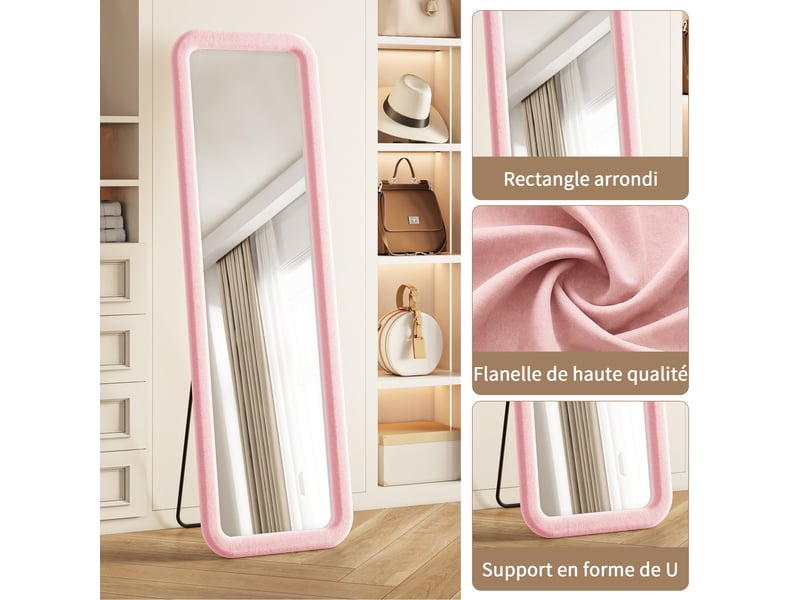  Miroir pleine longueur 160×50 cm, rectangulaire à coins arrondis, rose, mural ou sur pied, style français romantique  - Conforama E
