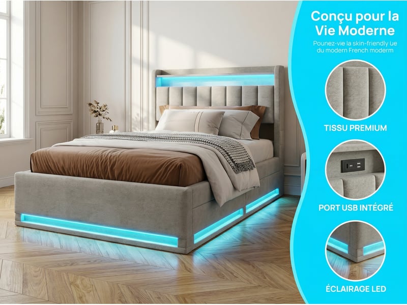  Lit coffre 90x200 cm - tiroirs de rangement - led rgb intégrée - usb type-c - tête de lit avec rangement - velours  - Conforama E