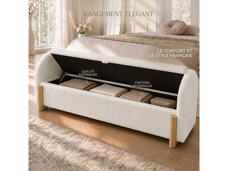  Banc de lit blanc 146 cm avec rangement, tissu bouclette, bout de lit  - Conforama B