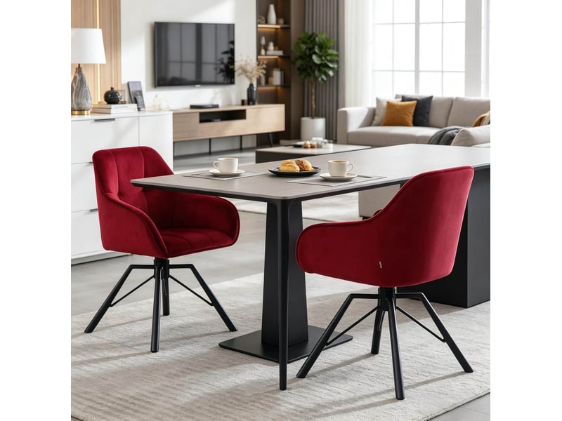  Lot de 2 chaises de salle à manger pivotantes 360° en velours rouge vin, avec accoudoirs et pieds métal noirs  - Conforama E