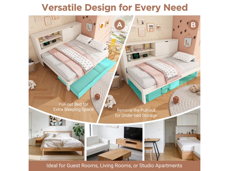 Canapé-lit 90x190cm - avec lit gigogne - avec usbtype-c - avec 1 porte et compartiment de rangement - blanc (matelas non inclus) - Conforama R